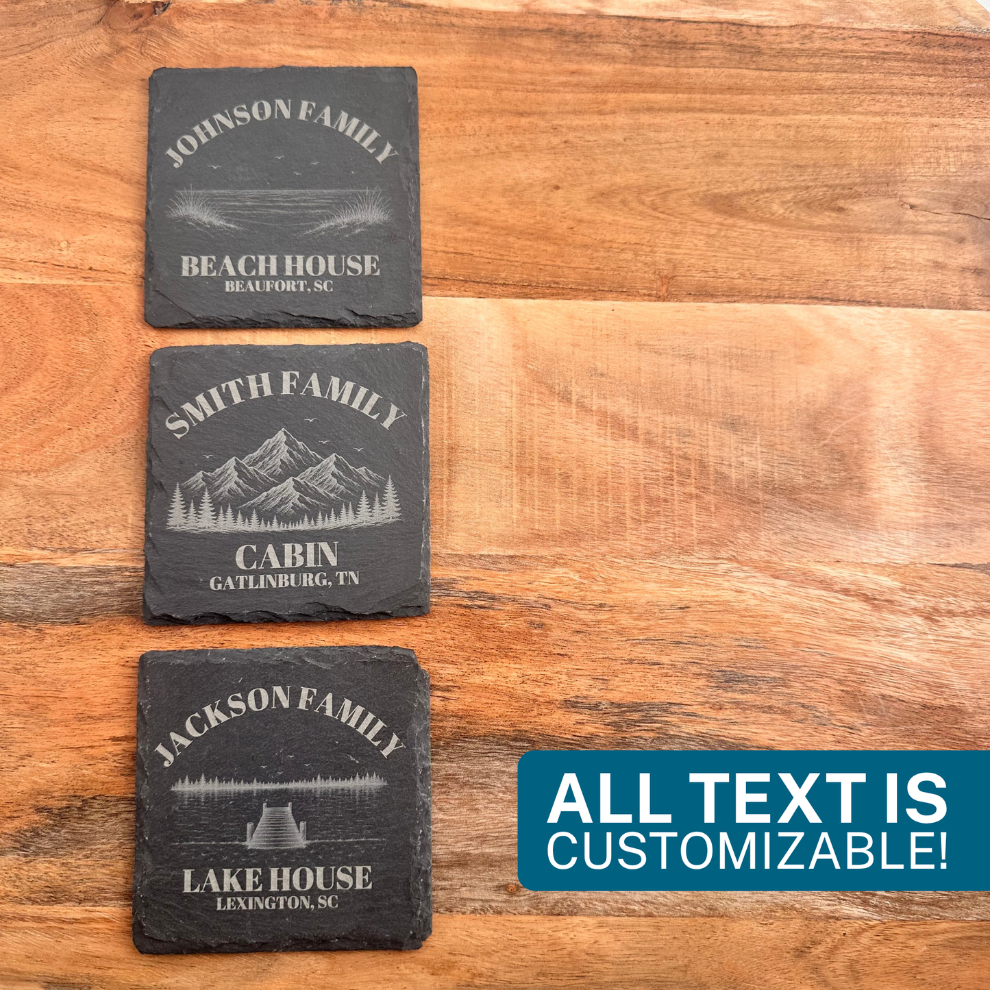 Personalized Lake house coasters decor for lake owner gift for housewarming family name coasters engraved lakehouse gift custom family name