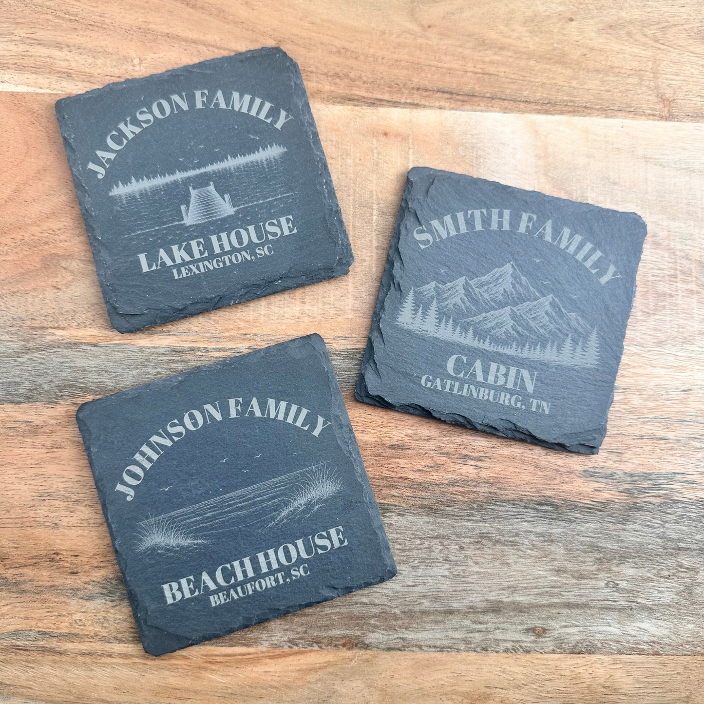 Personalized Lake house coasters decor for lake owner gift for housewarming family name coasters engraved lakehouse gift custom family name